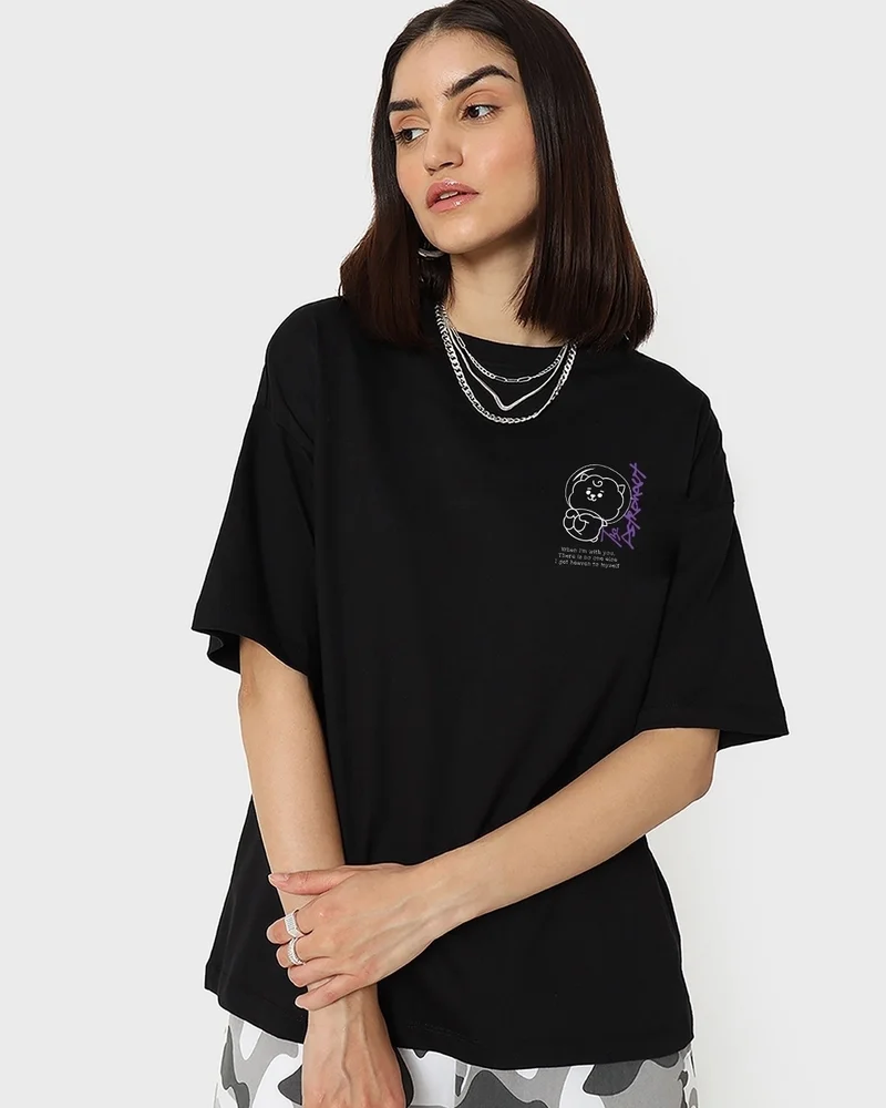 بيواكوف Women's Black BTS Astro (JIN) Graphic Printed Oversized T-shirt